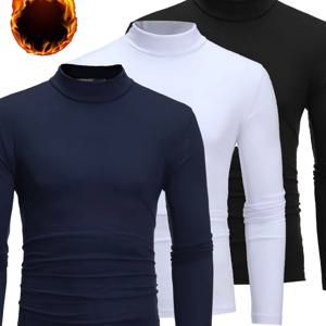 TEMU 남성 가을/겨울 터틀넥 긴팔 웜 베이스 레이어 상의, 폴리에스터 95% 스판덱스 5%, 중간 신축성 니트 원단, 단색, 스키니 핏 - 3 팩