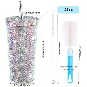 TEMU 스테인리스 스틸 텀블러, 라인스톤 장식, 단열 이중벽 여행용 컵, 25oz 반짝이는 스터드 물 잔, 뚜껑 및 빨대 포함