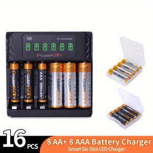 TEMU 세트 (배터리 + 충전기), PowerKAN 1.2V NiMH AA & AAA 재충전식 배터리 + N6 충전기, 고품질 반복 사용 가능, 800mAh AA 배터리 x8 & 300mAh AAA 배터리 x8 조합, 5V 2A USB LED AA AAA 배터리 여섯 슬롯 충전기