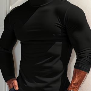 TEMU 남성용 단색 플리스 셔츠, 캐주얼 긴팔 슬림핏 터틀넥 따뜻한 셔츠 봄 가을 겨울 야외용