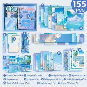 TEMU 155장 풍경 무늬 낱장 종이, 수채화 스타일, 재활용 가능, 사무용품, DIY 노트북 재료, 스티커가 포함된 선물 상자 세트, 학교 및 생일에 완벽합니다.