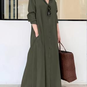 TEMU 디자인, 우아한 올리브 그린 맥시 셔츠 드레스 - 시크한 폴리에스터, 비신축성 칼라, 세탁기 사용 가능 - 여성용 다용도 사계절 착용