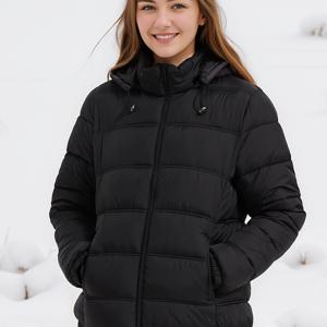 TEMU 우아한 캐주얼 롱슬리브 후드 패딩 자켓 - 100% 폴리에스테르 비늘 없는 단색 포켓 및 플레어 밑단