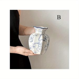 TEMU NJCHARMS 핸드페인팅 빈티지 블루 & 화이트 세라믹 꽃병 - 원형 모양의 플로랄 무늬, 건조/인공 꽃을 위한 내구성 있는 홈 데코, 거실, 침실, 발코니를 위한 센터피스 또는 테이블탑 장식