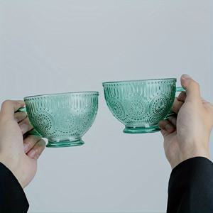 TEMU 2개의 빈티지 양각 녹색 유리 컵, 짙은 녹색 컵, 일상적인 심플한 음료 컵, 식사 컵