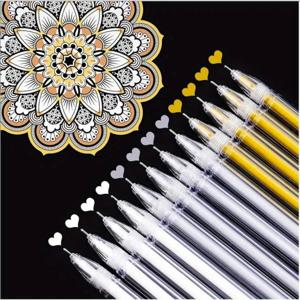 TEMU 12개 젤 잉크 롤러볼 펜 세트, 0.5mm 극세 펜촉, 화이트, 골드, 실버, 블랙 잉크, 드로잉, 스케치, 쓰기에 적합