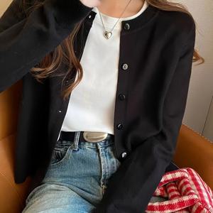 TEMU 우아한 여성 가디건 스웨터 - 단색, 니트 원단, 라운드 넥, 롱 슬리브, 레귤러 핏, 사계절 편안함