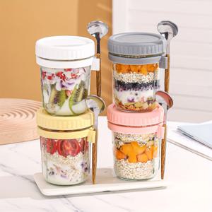 TEMU 4개 350ml/12.32온스 야간 오트 컵, 숟가락 포함, 휴대용 유리 샐러드 재스, 아침 식사용 요거트 컵