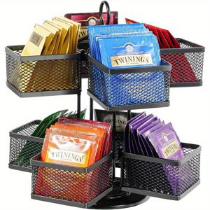 TEMU JUMPERKITS 티백 정리 보관함, 360도 회전 카라벨, 8개의 구획, 블랙, 철제, 배터리 없음, 충전 없음, 식품 접촉 없음, 주방, 가정 사무실, 커피 바 카운터용 라지 수산 플랫폼 포함