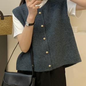 TEMU 1pc 여성용 빈티지 스타일 솔리드 컬러 니트 조끼, 반팔, 버튼 디테일, 캐주얼 라운드넥 스웨터 봄/가을용