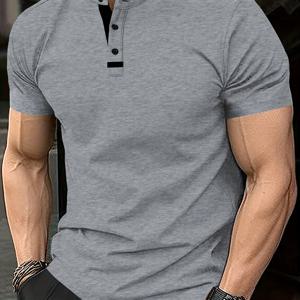 TEMU 봄, 여름, 가을용 캐주얼 남성 라운드넥 반팔 솔리드 컬러 블렌드 셔츠 - 우아한 홈 아웃팅 웨어