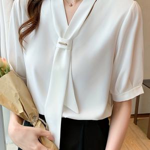 TEMU 여성 폴리에스터 블라우스, 반팔, 넥타이 프런트, 단색, 일반 길이, 통근 스타일, 성인용 셔츠, 짠 원단|반팔블라우스