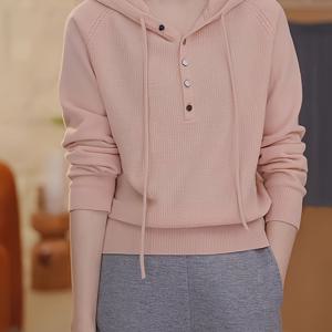 TEMU 여성용 캐주얼 후드티 - 소프트 비스코스 블렌드 풀오버, 끈 조절 가능한 후드 & 버튼 프론트 및 사이드 포켓, 연분홍색 봄/가을 스웨트셔츠, 세탁기 사용 가능
