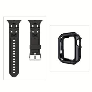 TEMU Apple Watch Ultra 2/SE (2세대) & 시리즈 10/9/8/7/6/5/4 (42mm/44mm/45mm/46mm/49mm)용 [방수 보호] 견고한 실리콘 스포츠 밴드 - 방수, 스크래치 방지 보호 커버와 알루미늄 합금 클라스프, 남녀 공용 - 블랙, 스포츠 시계 보호|유연한 시계 밴드|견고한 시계 케이스