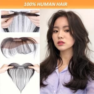 TEMU 여성용 헤어피스, 100% 진짜 머리카락 앞머리 토퍼, 더 풍성하고 두꺼운 머리카락을 위한 보이지 않는 클립인 피스, 흰색을 덮고 볼륨을 더하고, 자연스러운 검정색, 가볍고 매끄러운 이마 커버리지, 통기성이 좋고 가벼움