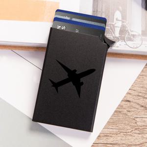 TEMU 1개 얇은 알루미늄 명함 거치대 남성용, RFID 차단 팝업 지갑 멋진 비행기 프린트, 도난 방지 금속 신용 카드 케이스 - 블랙|명함지갑