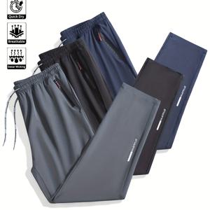 TEMU 3pcs 단색 남성 운동 팬츠, 지퍼 포켓, 위치화 프린트 및 탄성 허리띠 디자인, 편안한 라이트 비에-친화적인 야외 조깅 팬츠, 마찰 방지 피트니스 러닝 팬츠, 드로스트링 스웨트-와이킹 통기성 스포츠 바지, 야외 활동, 체육관 운동, 여행 의류 및 러닝에 적합, 땀 방지