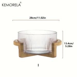 TEMU KEMORELA 줄무늬 유리 샐러드 & 과일 그릇, 나무 스탠드 포함 - 스크래치 방지, 거실용 라운드 디저트 디스플레이, 오후의 차, 셀프 서비스 분지, 아이스 과일 접시, KEMORELA