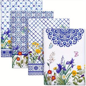 TEMU 4개 빠른 건조 꽃무늬 주방 타월 - 18x26인치, 울트라 소프트 폴리에스터 식기수건, 화려한 야생화 & 기하학 패턴, 집, 결혼식, 집들이 선물에 완벽
