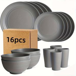 TEMU 16pcs 그레이 불파괴 고품질 플라스틱 식사용품 세트 - 재사용 가능, 가벼움, 전자레인지 및 식기세척기 안전 - 8pcs 접시, 4pcs 컵, 4pcs 그릇 - 캠핑, 피크닉, RV, 기숙사용 - 학생 및 야외 애호가를 위한 완벽한 선물