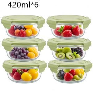 TEMU 6개입 420ml 라운드 고투명 유리 냉장고 보관 용기 뚜껑 포함, 냄새 방지 및 누수 방지, 쌓을 수 있는 공간 절약 벤토 박스, 전자레인지, 식기세척기 및 오븐 사용 가능, 말차 그린, 블루, 핑크