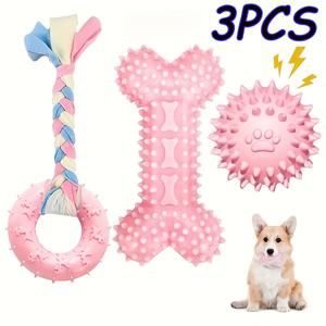 TEMU 3pcs TPR 애완견 장난감, 개를 도와주는 내구성 있는 씹는 뼈, 동반자와 지루함을 완화하기 위한 이빨 스틱, 작은 개에게 사용할 수 있는 세척 및 청소 가능한 고무 TPR 장난감, 야외 개 산책용 날카로운 공 및 씹는 장난감 세트, 줄로 된 상호작용적인 태그-오-워 장난감 세트, 개를 위한 훈련 용품.