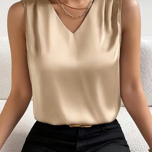 TEMU 여성용 우아한 V넥 민소매 탑 - 솔리드 그린, 폴리에스터, 신축성 없음, 세탁기 사용 가능, 봄/여름 패션, 캐주얼 또는 정장 착용에 다용도, 다용도 패션 탑 | V넥 탑 | 폴리에스터 원단