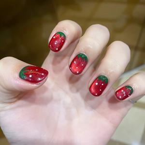 TEMU 10pcs 달콤한 귀여운 빨간 딸기 광택 고양이 눈 짧은 오발 손톱, 빈티지 손그림 손톱 아트, 생일, 결혼식, 졸업식 장식용 분리 가능한 손톱 끝