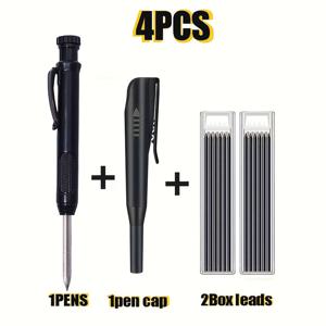 TEMU 4pcs 목공 연필 세트, 내장 샤프너, 깊은 구멍 마커 및 교체 연필 - 정밀 마킹을 위한 블랙 미세 쓰기 기계 키트 (1 펜, 1 캡, 2 연필 코어), 목공용 마커