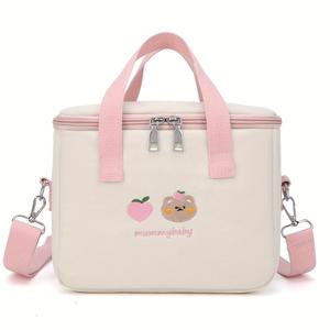 TEMU 귀여운 곰 디자인의 패션 보온 도시락 가방 - 블랙 옥스포드 원단, 직장, 학교 또는 여행용 어깨 크로스바디 백, 식기 및 냅킨 홀더 포함, 보온 도시락 가방 (식품 접촉 없음)