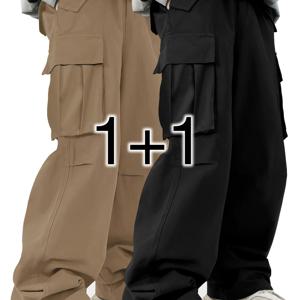 TEMU 2개 남성용 캐주얼 카고 팬츠 플랩 포켓 - 단색, 루즈핏, 폴리에스터, 세탁기 사용 가능|냉장고바지|남자바지|바지