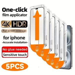 TEMU 아이폰용 5팩 4K 울트라 HD 거친 템퍼드 글래스 스크린 프로텍터, 원클릭 필름 애플리케이터, 전체 커버리지, 엣지 보호, 접착제 필요 없음, 아이폰 16/15/14/13/12/11/프로 맥스/프로/플러스/미니/X/XR/XS 맥스용
