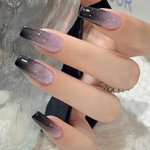 TEMU 24pcs 갤럭시 글리터 발레 네일 팁 세트, 스테로브 피니시가 있는 롱 웨어假발, 파인크 톤 인공 발톱 키트, 파티, 데이트 및 일상 사용을 위한, 젤 글루 및 네일 파일 포함
