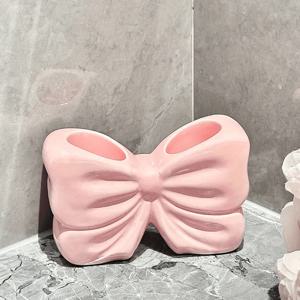 TEMU 2단 세라믹 칫솔 & 치약 홀더 - 우아한 리본 디자인, 화이트 & 핑크 욕실 정리대, 독립형 카운터탑 장식품, 내구성 있는 주방용품, 화장품 액세서리