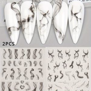 TEMU 2개 블랙 앤 화이트 스월 & 하트 네일 아트 스티커 - 자체 접착식 3D 리플 데칼 DIY 매니큐어용, 추상 라인 디자인, 쉬운 적용, 플라스틱 소재, 창의적인 네일 아트에 완벽한 네일 스티커