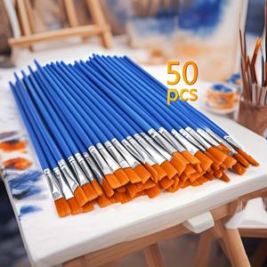 TEMU 50개 ArtProNylon 플랫 헤드 브러시 세트, 물감, 파우더, 아크릴 페인트, 작은 아트 브러시와 후크 라인 기능, 내구성 있는 재료
