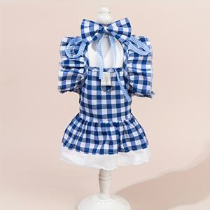 TEMU 블루 앤 화이트 깅엄 체크무늬 애완동물 드레스, 레이스 트림과 러플 소매, 진주 장식 - 고양이와 작은 개를 위한 우아한 가을/겨울 웨딩 의상, 봄용 애완동물 드레스 | 러플 애완동물 드레스 | 장식적인 애완동물 옷