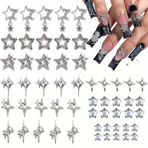 TEMU 55pcs Y2K 스타일 실버 스타 네일 아트 액세서리 - 3D 합금 스타 스티커, 반짝이는 스타 찰름, 여성 및 소녀를 위한 반짝이는 스타 디자인, 네일 아트 용품|빈티지 디자인|3D 스타 찰름, 네일 아트 장식|네일스티커|네일재료