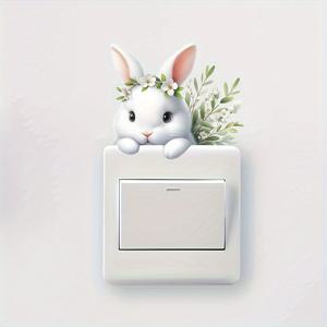 TEMU 귀여운 토끼 전등 스위치 스티커 1개 - 꽃 왕관 디자인의 벽 데칼, 매트 마감, 자체 접착식 홈 데코용, 흰색 플라스틱 동물 프린트, 표면에 완벽함
