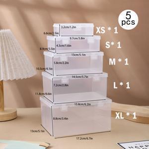 TEMU 5개 세트 플라스틱 보관함, 5가지 크기 및 용량, 투명, 먼지방지·습기차단 플립 뚜껑, 학용품·보석 액세서리·사무용품·공예재료 정리함