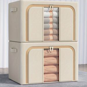 TEMU 2pcs 100L 대용량 접이식 보관 상자, 강철 프레임 및 투명 창 - 옷, 이불, 장난감에 이상적 - 현대적, 중립적인 톤, 습기 방지 정리함 - 이동 및 계절 변화에 적합, 장난감 보관 상자|투명 창|접이식 보관, 침대 밑 보관