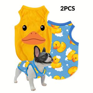 TEMU 2pcs 노란 오리 목욕 시간 프린트 강아지와 고양이용 - 개미, 손실, 절연, 통기성, 실내/실외 사용에 이상적, 폴리에스터, 귀여운 애완 동물 옷