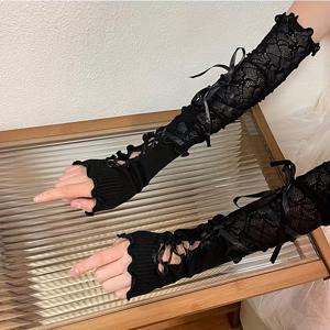 TEMU 여성용 긴 레이스업 손가락 없는 장갑 - 얇고 통기성이 좋은 아크릴, 자수 및 리본이 장식되어 봄과 여름에 완벽한, 코스프레 및 캐주얼 의상에 이상적인, 코스프레 액세서리 | 우아한 레이스 디테일링 | 아크릴 장갑