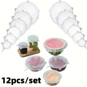 TEMU 12개 탄성 실리콘 보울 뚜껑 - 밀폐 식품 보관용 덮개, 식기세척기 및 전자레인지 안전, 재사용 가능한 스트레치식 그릇/병 용기 뚜껑, 공간 절약 주방 정리 액세서리