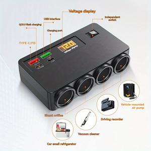 TEMU 1pc 자동차 충전기, 전압 감지 기능 - 4개의 콘센트(2 USB-C, 2 USB), 빠른 충전, 자동차, 트럭, SUV, 차량 충전 , 현대적인 충전기 디자인, 내구성 있는 충전기