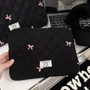 TEMU 1pc 발레 스타일 리본 자수 노트북 슬리브 - 폴리에스터, 체크 패턴, 라이트 블루와 핑크 & 블랙 리본, 10/11인치 아이패드, 13/14인치 맥북, .6인치 노트북, 태블릿 슬리브에 완벽함 | 체크 패턴 슬리브 | 내구성 있는 노트북 가방, 노트북 가방|노트북파우치
