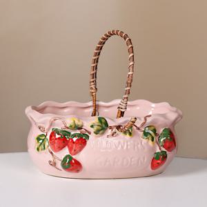 TEMU 아름다운 딸기 디자인, 휴대용 손잡이, 구멍이 있는 바닥, 통기성, 대형 직경 세라믹 꽃병, 실내, 실외, 파티오, 거리 장식, 휴일, 결혼식, 파티 장식, 가정 장식