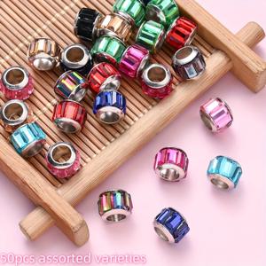 TEMU 50개 세련된 7x9mm 유리 비즈, 다양한 색상, 큰 구멍 - DIY 헤어 브레드, 보석 만들기, 팔찌, 목걸이, 귀걸이, 파티 장식, 펜 비즈 정렬, 비즈 정렬