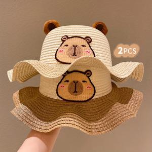TEMU 레몬 러브 카피바라 모자 스트로우 선캡 - 귀여운 만화 동물 디자인, 조절 가능한 야외용 꽃 장식, 사계절 자외선 차단, 유쾌한 액세서리, 비직물 제작