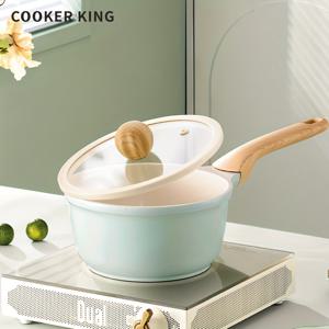 TEMU COOKER KING 1.7L 소스팬, 티타늄 함유 세라믹 코팅 노스틱 소스팬, 다목적 소스 포트, 실리콘 유리 뚜껑, 쿨 핸들, PFOA 프리, PTFE 프리, 인덕션 준비, 모든 조리대와 호환 가능